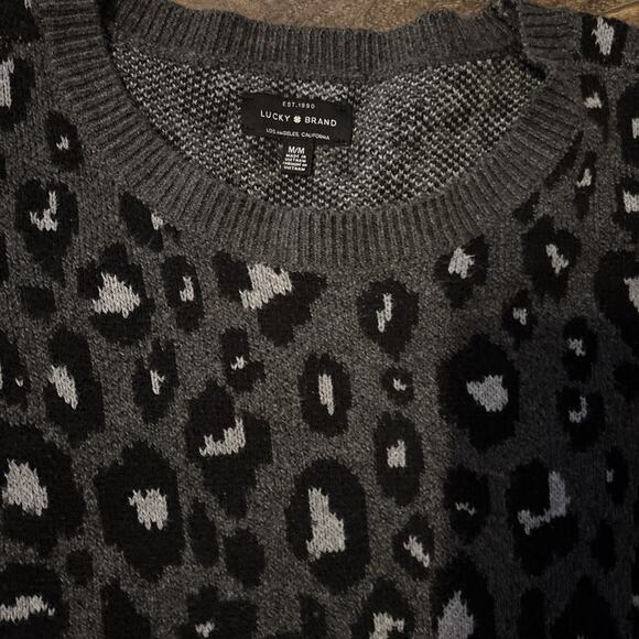 Lucky Brand Sweater Womens M Gray Leopard Crewneck Long Sleeve Knit Animal Print - Picture 2 of 3